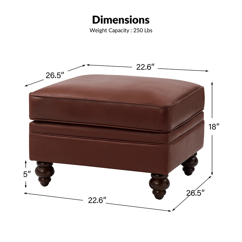 Ottoman en cuir véritable avec coussin amovible, base à ressorts et pieds en bois d'hévéa noyer | Noir / Chameau / Sauge / Marron / Marine | Simple
