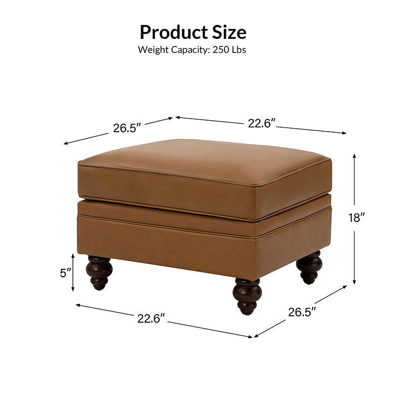 Ottoman en cuir véritable avec coussin amovible, base à ressorts et pieds en bois d'hévéa noyer | Noir / Chameau / Sauge / Marron / Marine | Simple