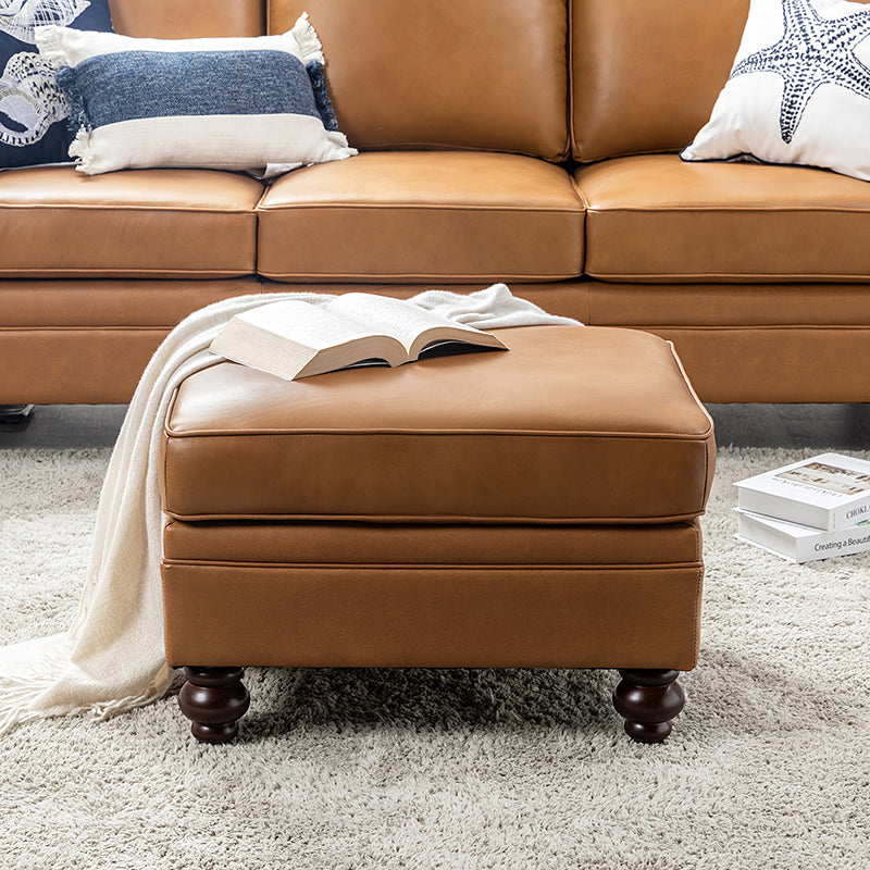 Ottoman en cuir véritable avec coussin amovible, base à ressorts et pieds en bois d'hévéa noyer | Noir / Chameau / Sauge / Marron / Marine | Simple