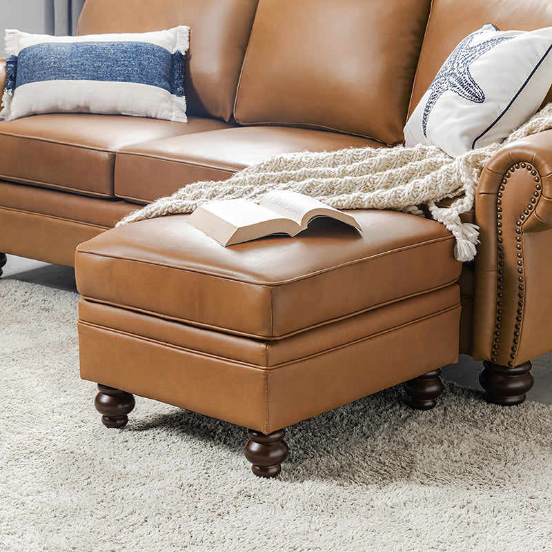 Ottoman en cuir véritable avec coussin amovible, base à ressorts et pieds en bois d'hévéa noyer | Noir / Chameau / Sauge / Marron / Marine | Simple