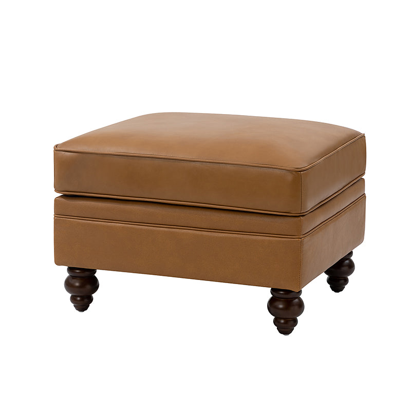 Ottoman en cuir véritable avec coussin amovible, base à ressorts et pieds en bois d'hévéa noyer | Noir / Chameau / Sauge / Marron / Marine | Simple