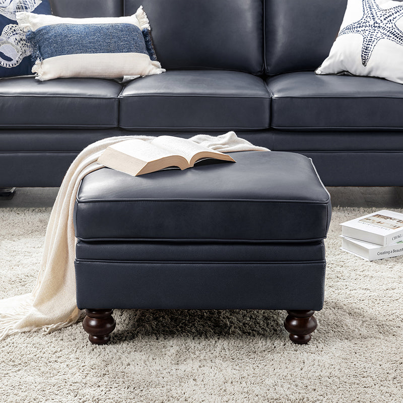 Ottoman en cuir véritable avec coussin amovible, base à ressorts et pieds en bois d'hévéa noyer | Noir / Chameau / Sauge / Marron / Marine | Simple