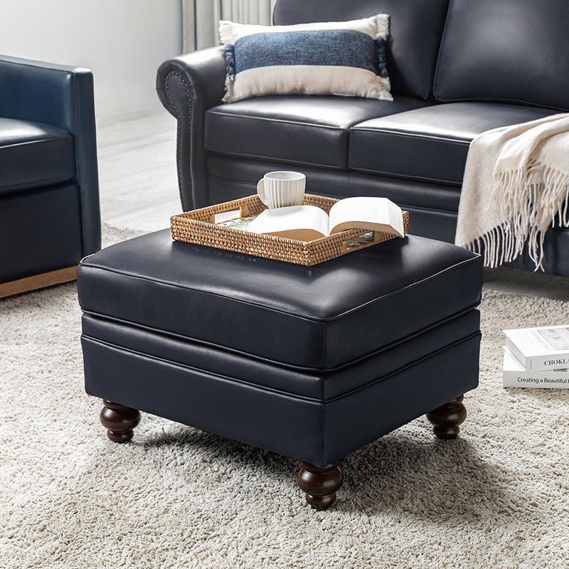 Ottoman en cuir véritable avec coussin amovible, base à ressorts et pieds en bois d'hévéa noyer | Noir / Chameau / Sauge / Marron / Marine | Simple