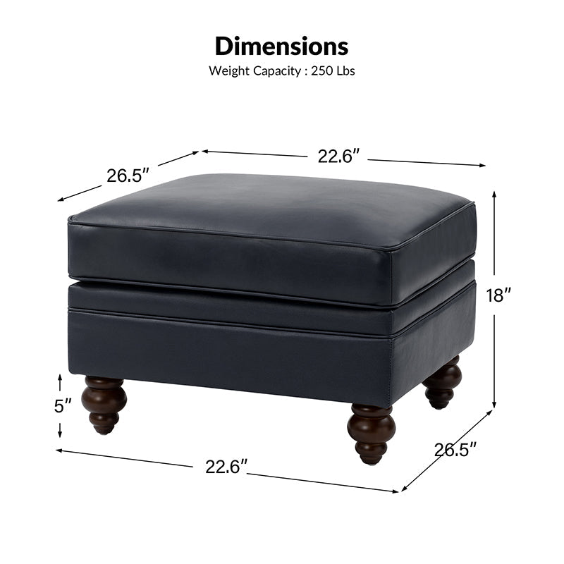 Ottoman en cuir véritable avec coussin amovible, base à ressorts et pieds en bois d'hévéa noyer | Noir / Chameau / Sauge / Marron / Marine | Simple