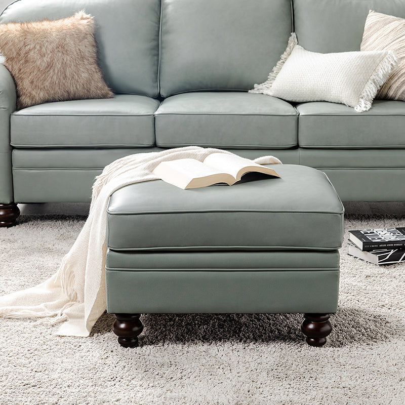 Ottoman en cuir véritable avec coussin amovible, base à ressorts et pieds en bois d'hévéa noyer | Noir / Chameau / Sauge / Marron / Marine | Simple