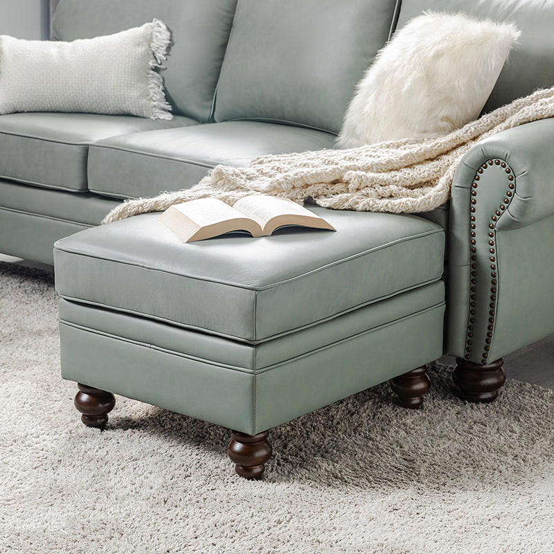Ottoman en cuir véritable avec coussin amovible, base à ressorts et pieds en bois d'hévéa noyer | Noir / Chameau / Sauge / Marron / Marine | Simple