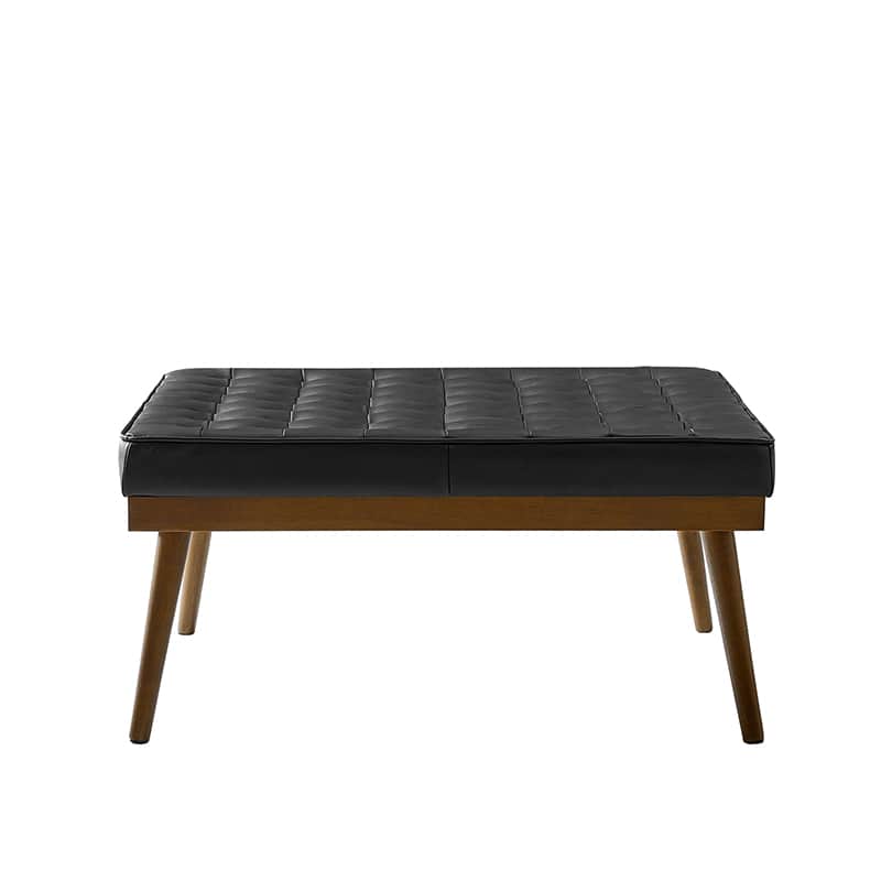 Ottoman en cuir véritable avec rembourrage en mousse et pieds évasés en bois massif | Bleu marine / Camel / Noir | Simple