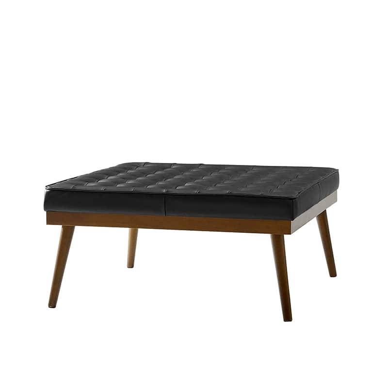 Ottoman en cuir véritable avec rembourrage en mousse et pieds évasés en bois massif | Bleu marine / Camel / Noir | Simple