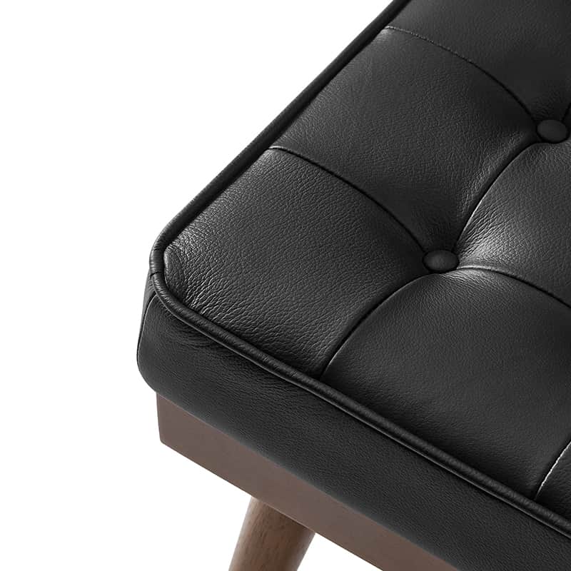 Ottoman en cuir véritable avec rembourrage en mousse et pieds évasés en bois massif | Bleu marine / Camel / Noir | Simple