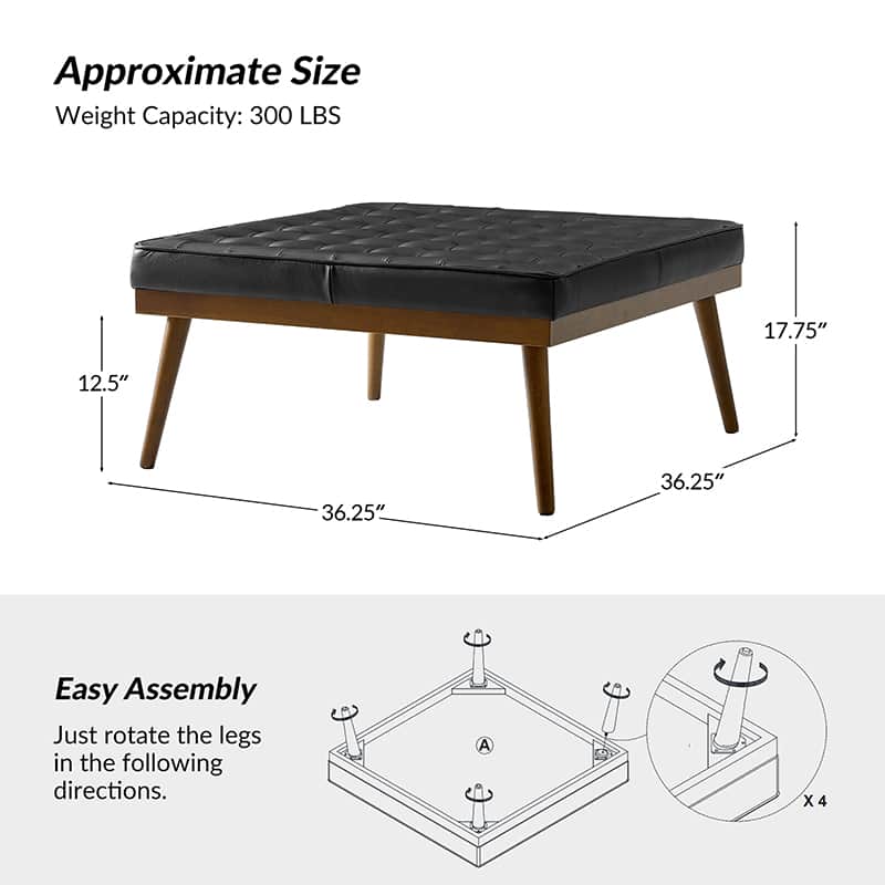 Ottoman en cuir véritable avec rembourrage en mousse et pieds évasés en bois massif | Bleu marine / Camel / Noir | Simple