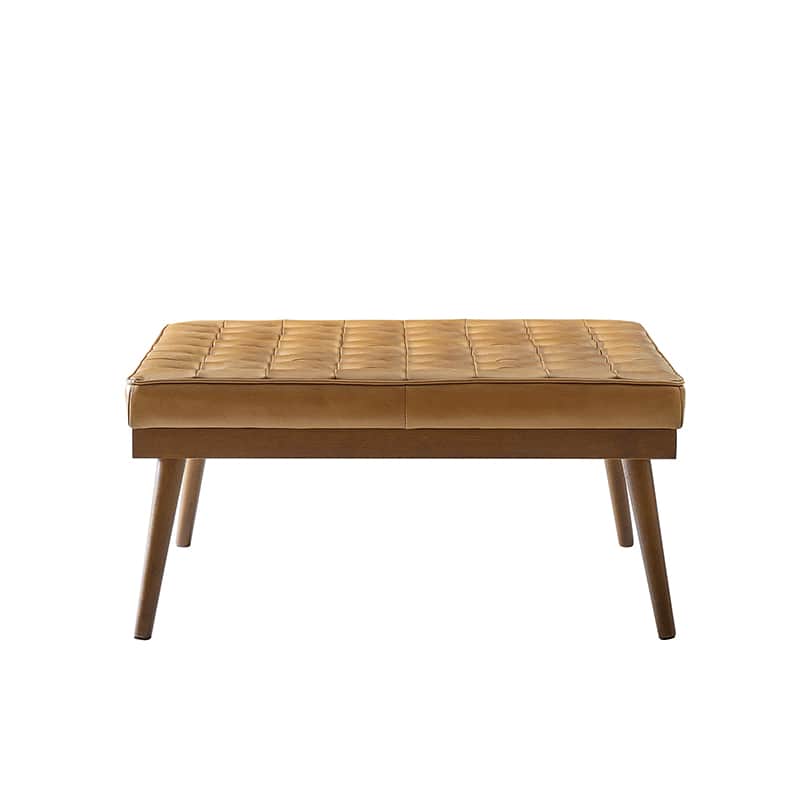 Ottoman en cuir véritable avec rembourrage en mousse et pieds évasés en bois massif | Bleu marine / Camel / Noir | Simple