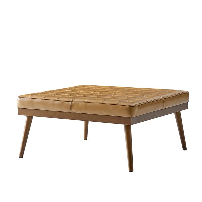 Ottoman en cuir véritable avec rembourrage en mousse et pieds évasés en bois massif | Bleu marine / Camel / Noir | Simple