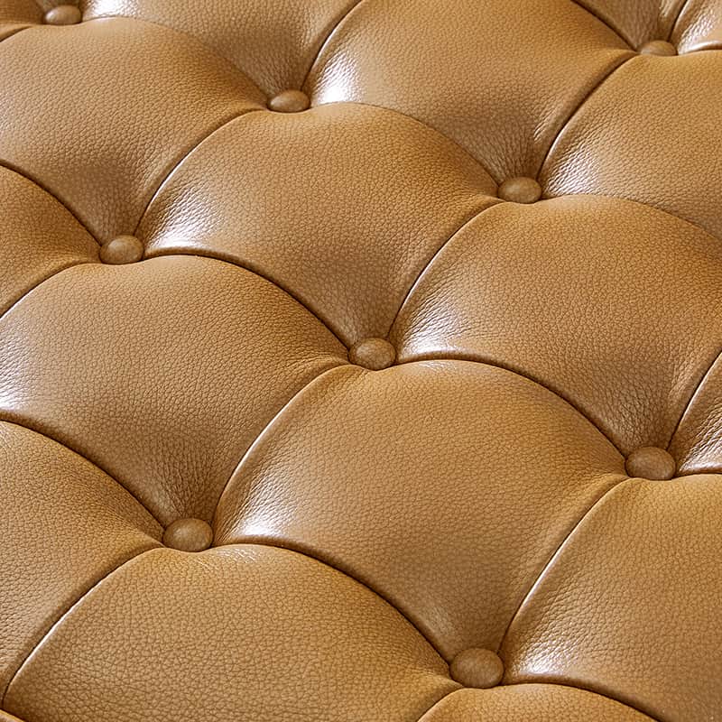 Ottoman en cuir véritable avec rembourrage en mousse et pieds évasés en bois massif | Bleu marine / Camel / Noir | Simple