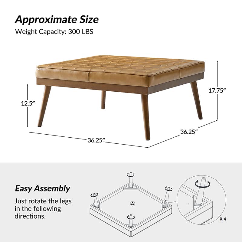 Ottoman en cuir véritable avec rembourrage en mousse et pieds évasés en bois massif | Bleu marine / Camel / Noir | Simple