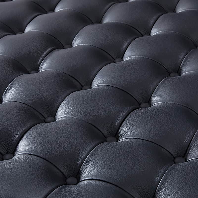 Ottoman en cuir véritable avec rembourrage en mousse et pieds évasés en bois massif | Bleu marine / Camel / Noir | Simple