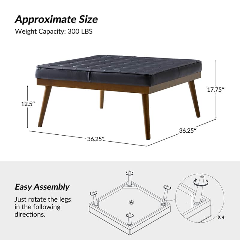 Ottoman en cuir véritable avec rembourrage en mousse et pieds évasés en bois massif | Bleu marine / Camel / Noir | Simple