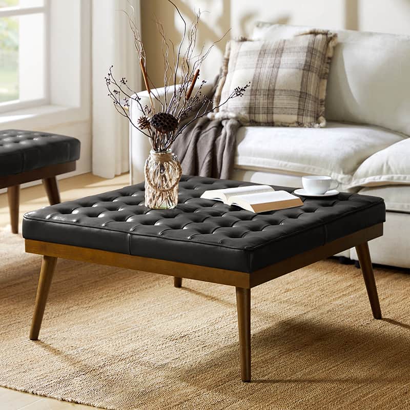 Ottoman en cuir véritable avec rembourrage en mousse et pieds évasés en bois massif | Bleu marine / Camel / Noir | Simple