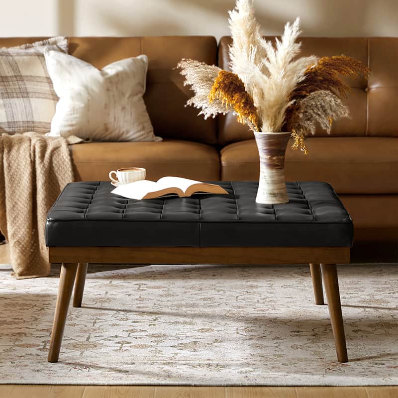 Ottoman en cuir véritable avec rembourrage en mousse et pieds évasés en bois massif | Bleu marine / Camel / Noir | Simple