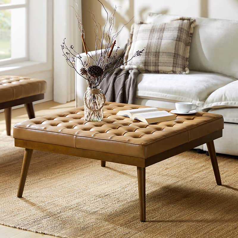 Ottoman en cuir véritable avec rembourrage en mousse et pieds évasés en bois massif | Bleu marine / Camel / Noir | Simple
