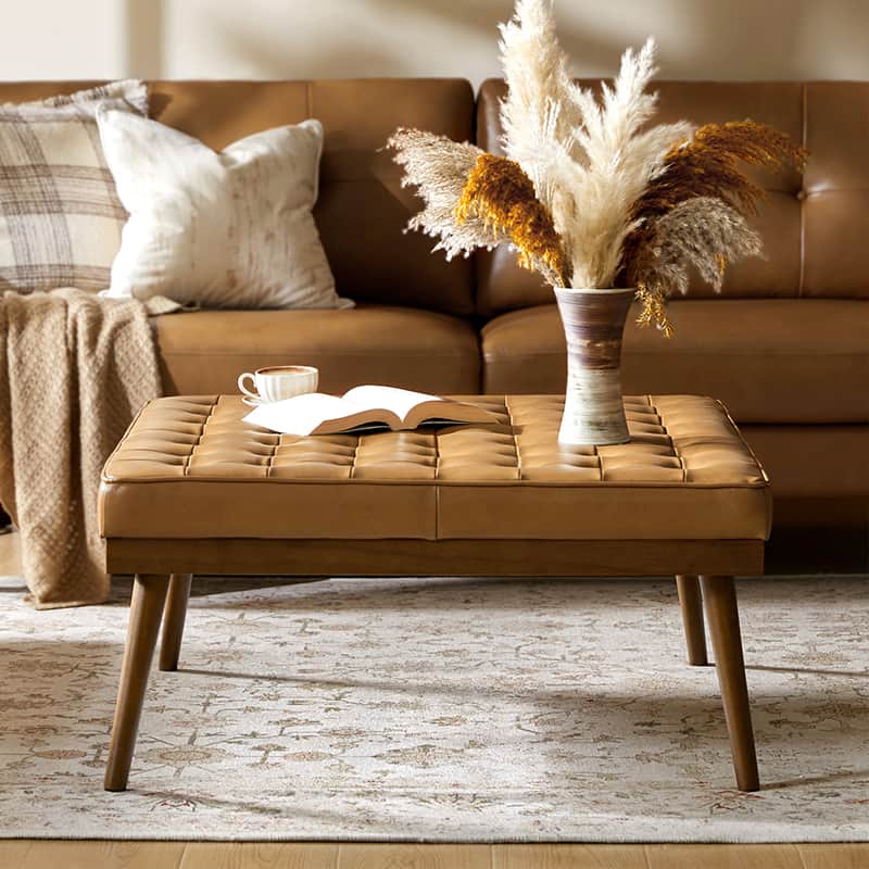 Ottoman en cuir véritable avec rembourrage en mousse et pieds évasés en bois massif | Bleu marine / Camel / Noir | Simple