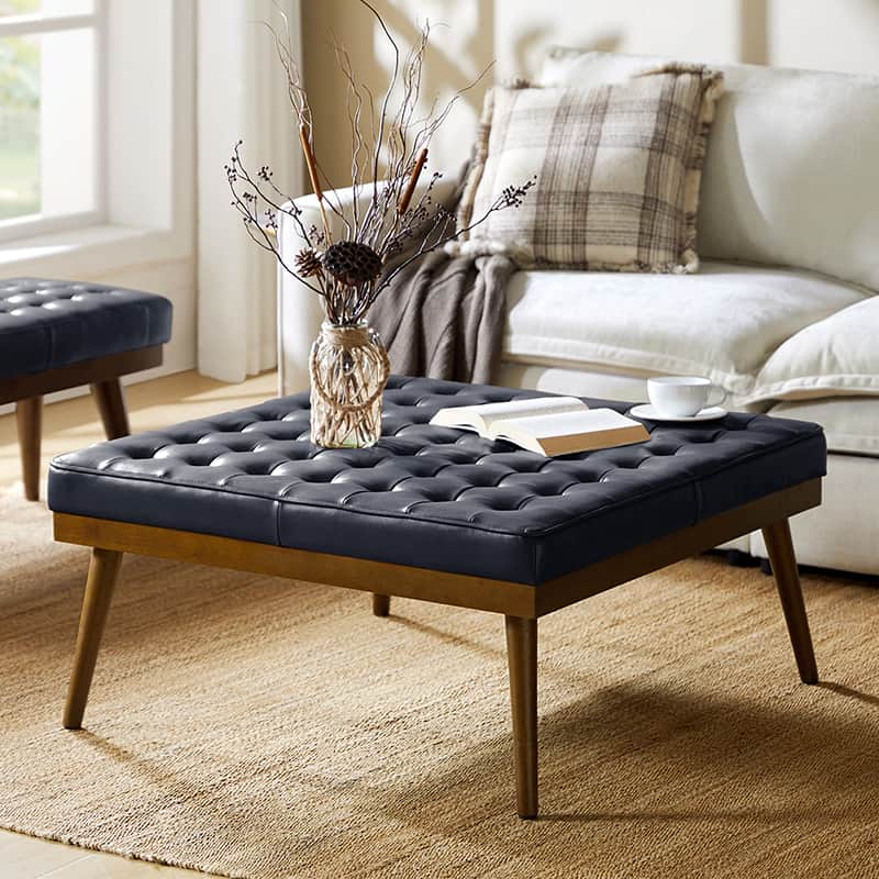 Ottoman en cuir véritable avec rembourrage en mousse et pieds évasés en bois massif | Bleu marine / Camel / Noir | Simple