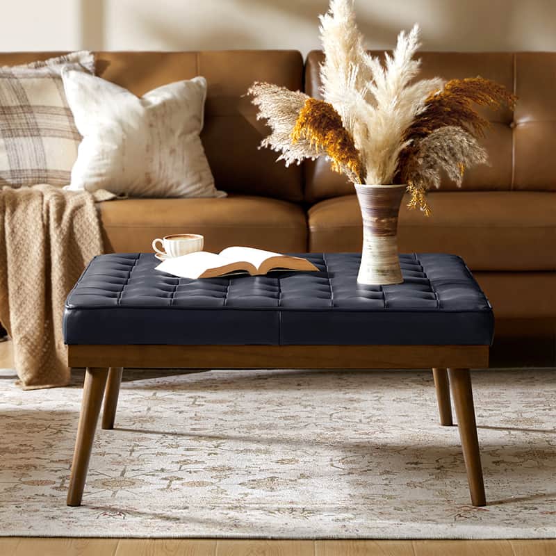 Ottoman en cuir véritable avec rembourrage en mousse et pieds évasés en bois massif | Bleu marine / Camel / Noir | Simple
