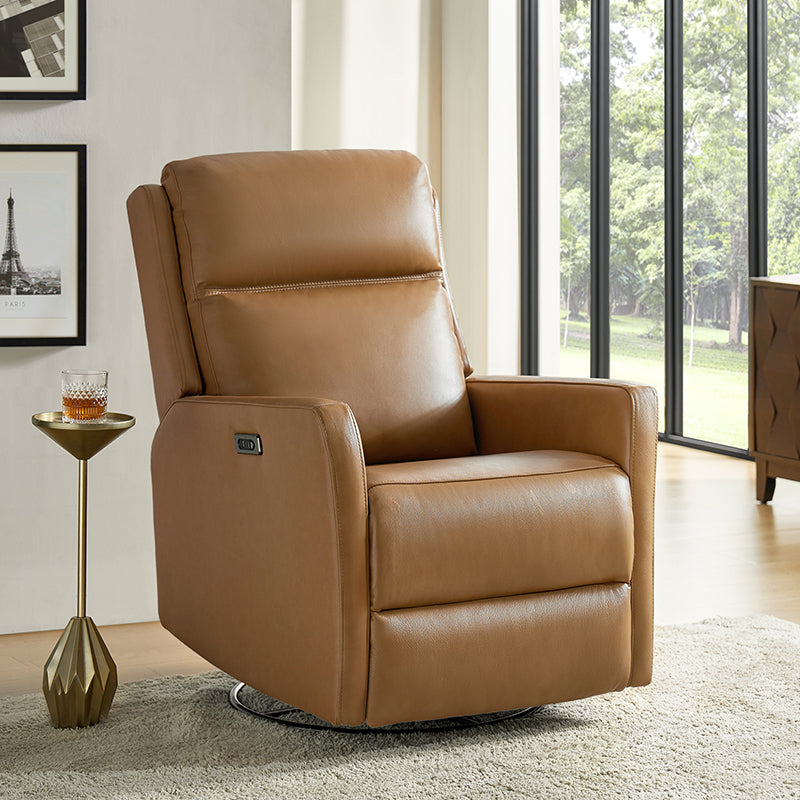 Fauteuil inclinable électrique en cuir véritable avec pivot, fonction à bascule et ports de charge USB-C | Camel / Gris / Bleu marine | Une place