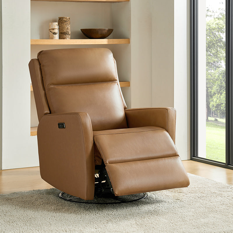 Fauteuil inclinable électrique en cuir véritable avec pivot, fonction à bascule et ports de charge USB-C | Camel / Gris / Bleu marine | Une place