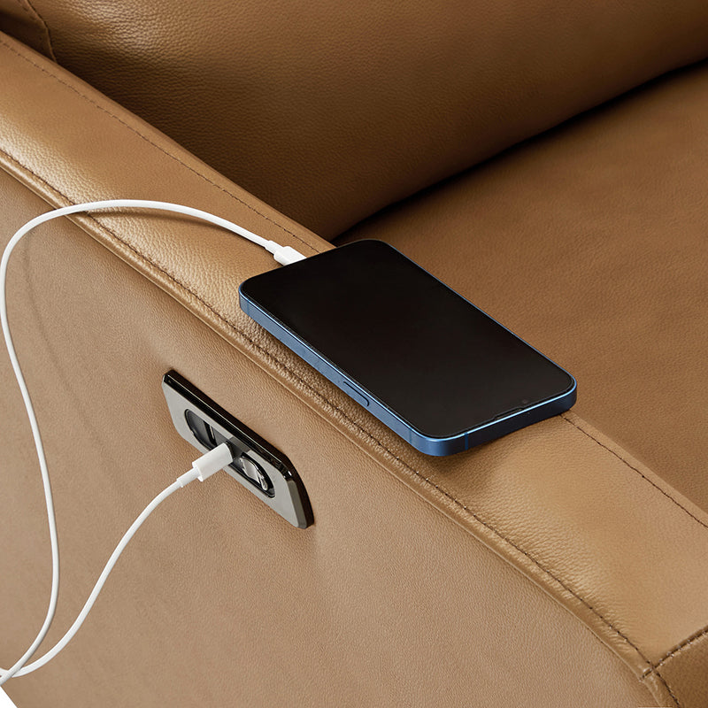 Fauteuil inclinable électrique en cuir véritable avec pivot, fonction à bascule et ports de charge USB-C | Camel / Gris / Bleu marine | Une place