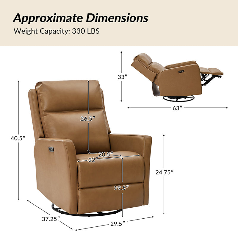Fauteuil inclinable électrique en cuir véritable avec pivot, fonction à bascule et ports de charge USB-C | Camel / Gris / Bleu marine | Une place