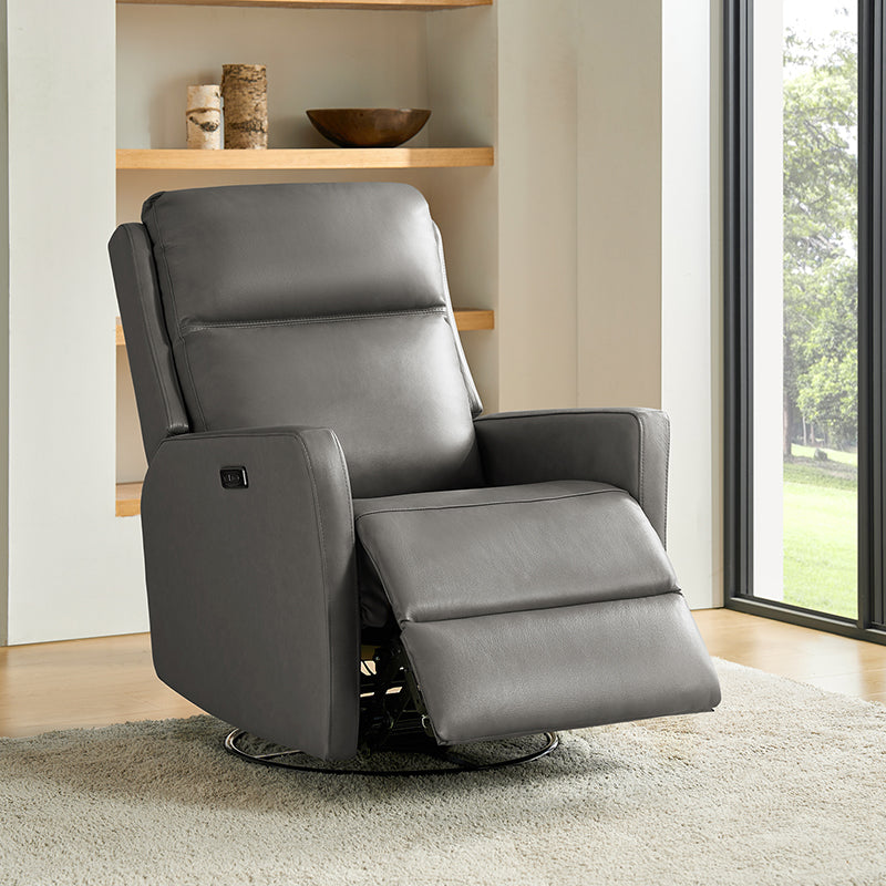 Fauteuil inclinable électrique en cuir véritable avec pivot, fonction à bascule et ports de charge USB-C | Camel / Gris / Bleu marine | Une place