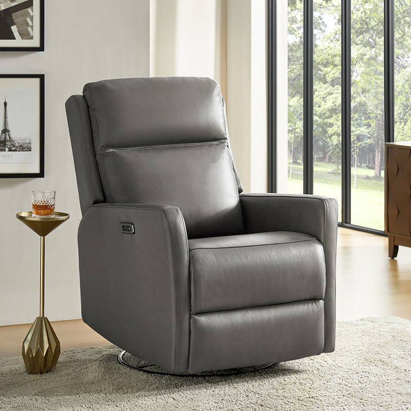 Fauteuil inclinable électrique en cuir véritable avec pivot, fonction à bascule et ports de charge USB-C | Camel / Gris / Bleu marine | Une place