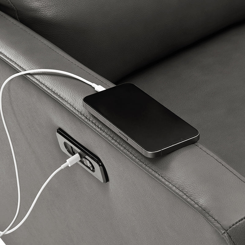 Fauteuil inclinable électrique en cuir véritable avec pivot, fonction à bascule et ports de charge USB-C | Camel / Gris / Bleu marine | Une place