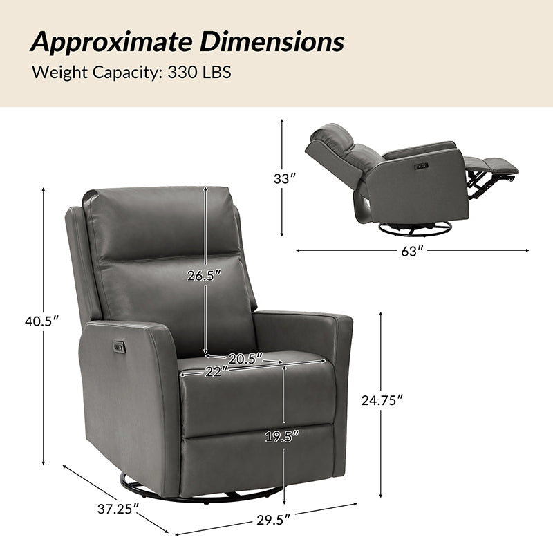 Fauteuil inclinable électrique en cuir véritable avec pivot, fonction à bascule et ports de charge USB-C | Camel / Gris / Bleu marine | Une place