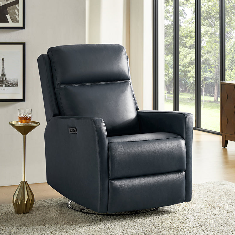 Fauteuil inclinable électrique en cuir véritable avec pivot, fonction à bascule et ports de charge USB-C | Camel / Gris / Bleu marine | Une place