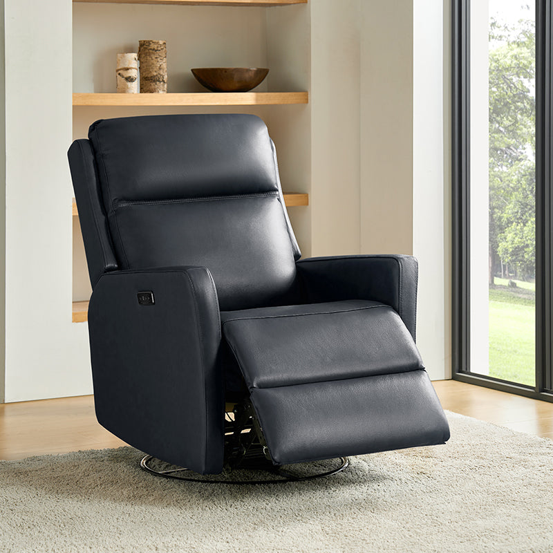 Fauteuil inclinable électrique en cuir véritable avec pivot, fonction à bascule et ports de charge USB-C | Camel / Gris / Bleu marine | Une place