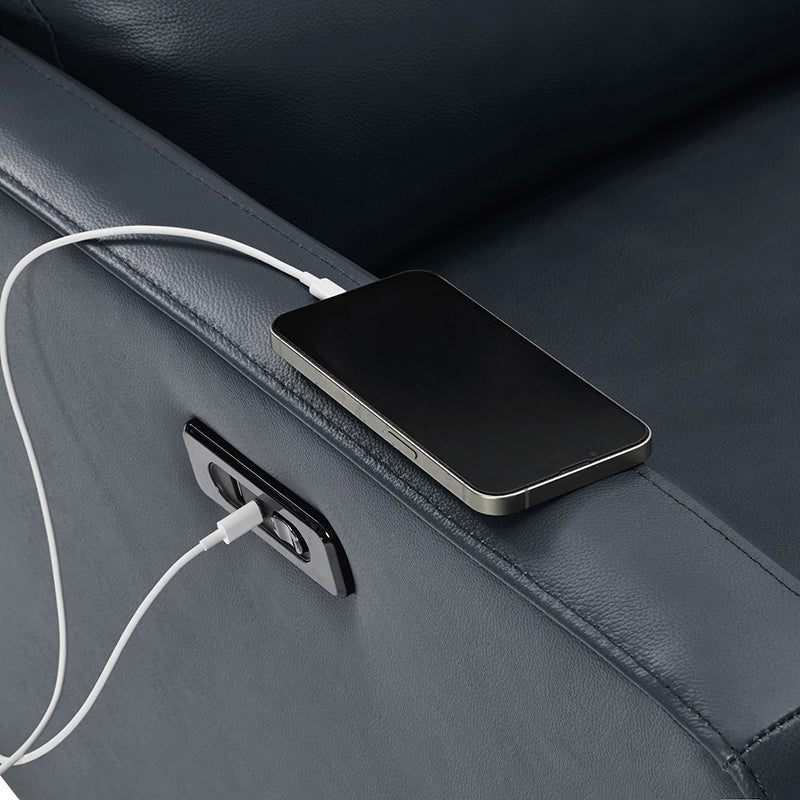 Fauteuil inclinable électrique en cuir véritable avec pivot, fonction à bascule et ports de charge USB-C | Camel / Gris / Bleu marine | Une place