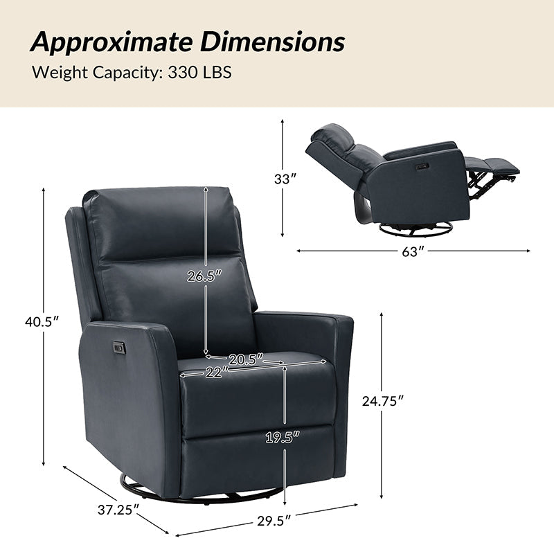 Fauteuil inclinable électrique en cuir véritable avec pivot, fonction à bascule et ports de charge USB-C | Camel / Gris / Bleu marine | Une place