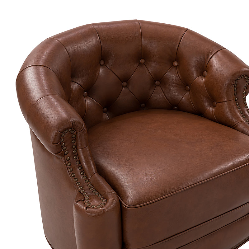 Fauteuil pivotant capitonné en cuir véritable avec accoudoirs roulés, garniture cloutée et pieds noirs | Chocolat / Caramel / Marron / Turquoise | Monoplace