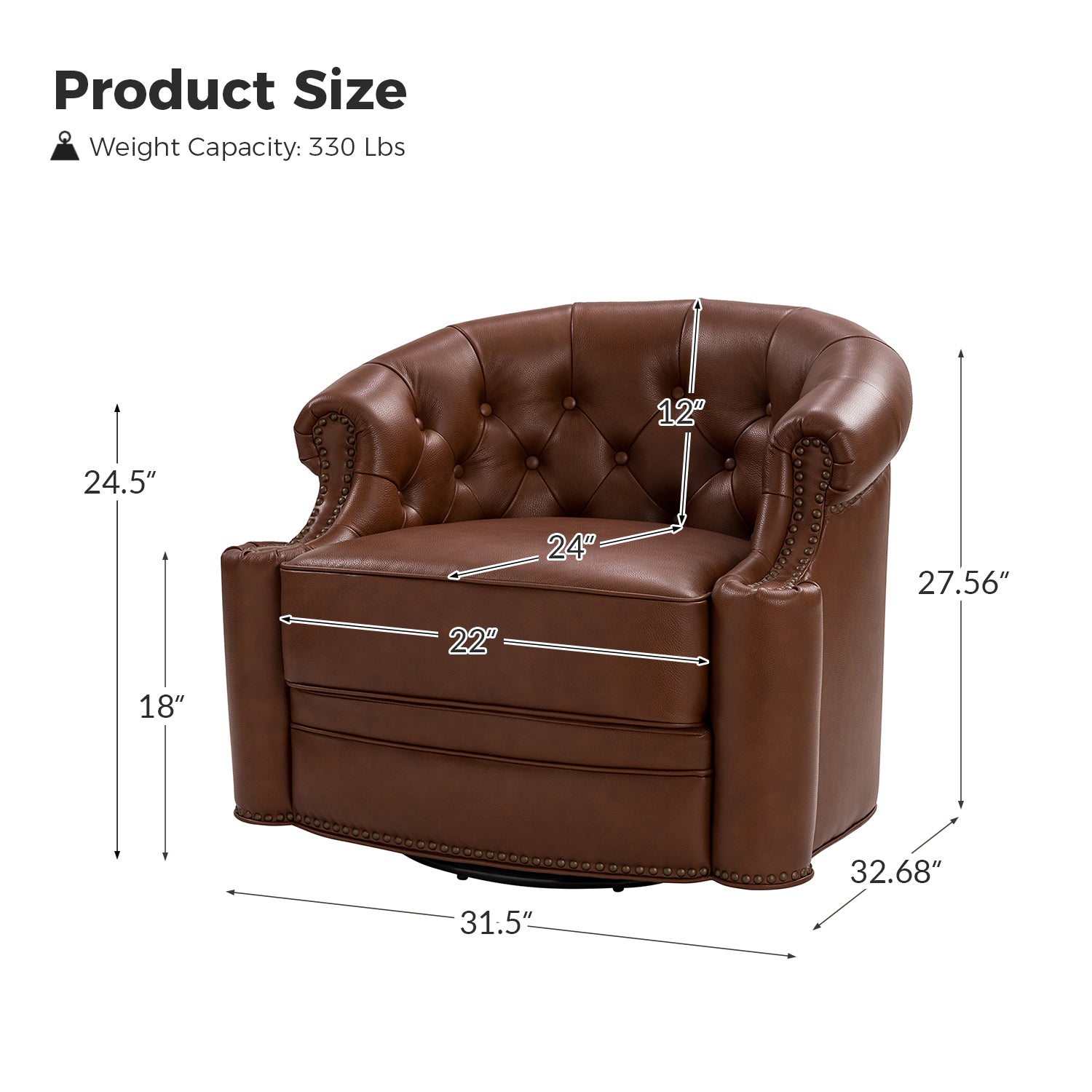 Fauteuil pivotant capitonné en cuir véritable avec accoudoirs roulés, garniture cloutée et pieds noirs | Chocolat / Caramel / Marron / Turquoise | Monoplace