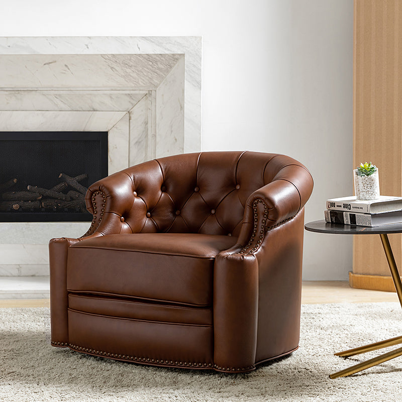 Fauteuil pivotant capitonné en cuir véritable avec accoudoirs roulés, garniture cloutée et pieds noirs | Chocolat / Caramel / Marron / Turquoise | Monoplace