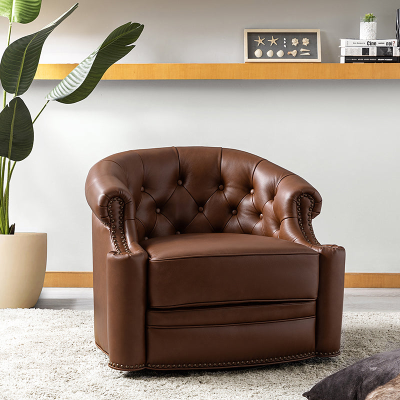 Fauteuil pivotant capitonné en cuir véritable avec accoudoirs roulés, garniture cloutée et pieds noirs | Chocolat / Caramel / Marron / Turquoise | Monoplace