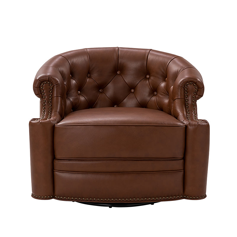 Fauteuil pivotant capitonné en cuir véritable avec accoudoirs roulés, garniture cloutée et pieds noirs | Chocolat / Caramel / Marron / Turquoise | Monoplace