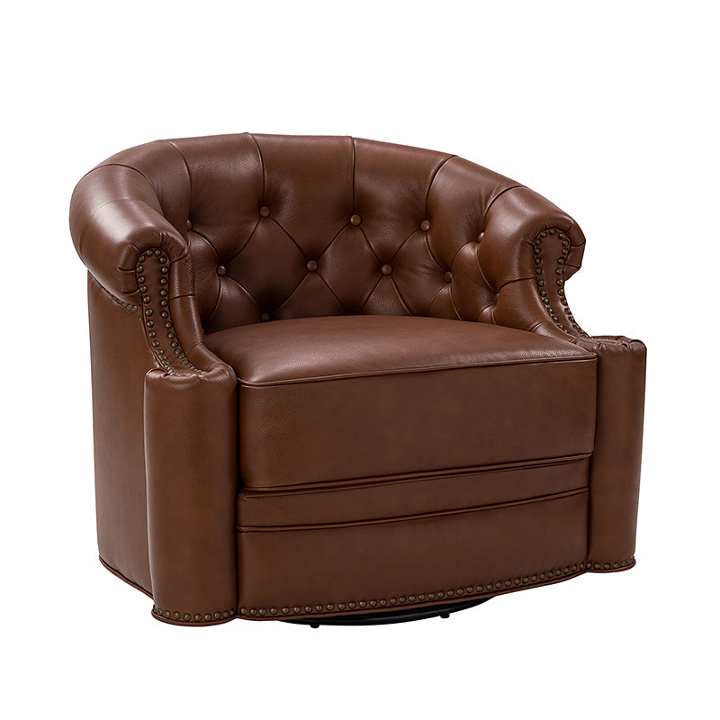 Fauteuil pivotant capitonné en cuir véritable avec accoudoirs roulés, garniture cloutée et pieds noirs | Chocolat / Caramel / Marron / Turquoise | Monoplace