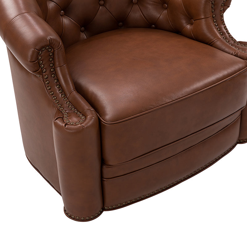 Fauteuil pivotant capitonné en cuir véritable avec accoudoirs roulés, garniture cloutée et pieds noirs | Chocolat / Caramel / Marron / Turquoise | Monoplace