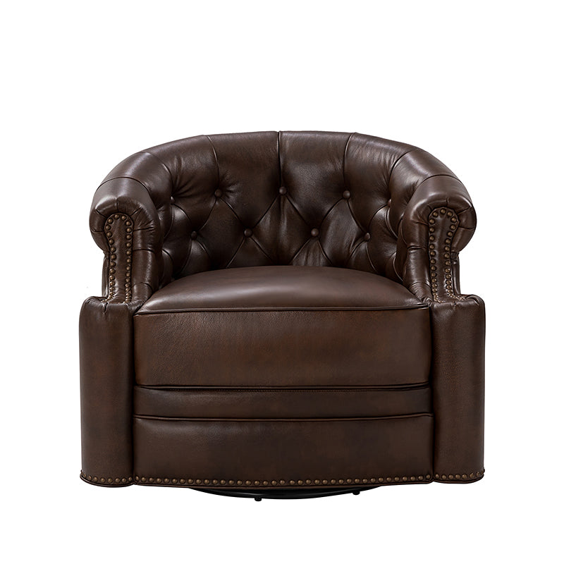 Fauteuil pivotant capitonné en cuir véritable avec accoudoirs roulés, garniture cloutée et pieds noirs | Chocolat / Caramel / Marron / Turquoise | Monoplace