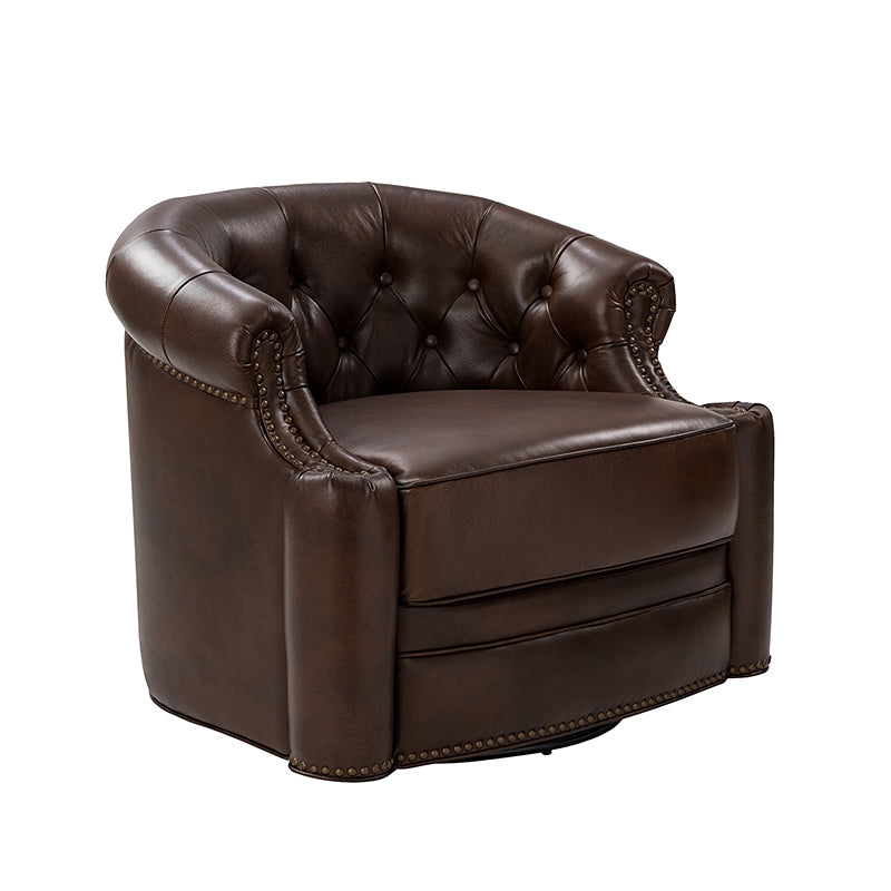 Fauteuil pivotant capitonné en cuir véritable avec accoudoirs roulés, garniture cloutée et pieds noirs | Chocolat / Caramel / Marron / Turquoise | Monoplace