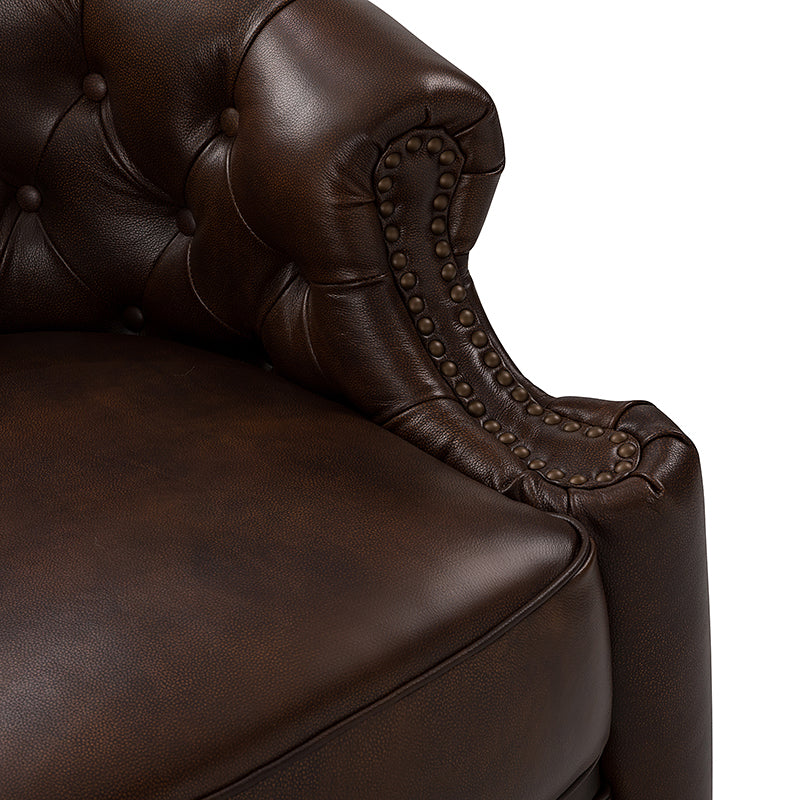 Fauteuil pivotant capitonné en cuir véritable avec accoudoirs roulés, garniture cloutée et pieds noirs | Chocolat / Caramel / Marron / Turquoise | Monoplace