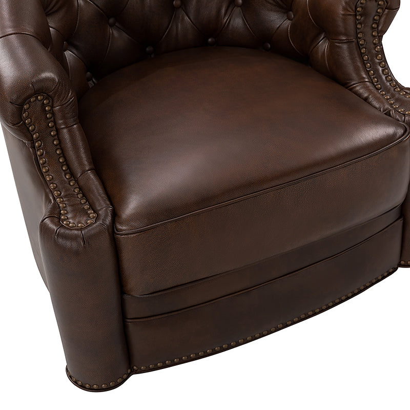 Fauteuil pivotant capitonné en cuir véritable avec accoudoirs roulés, garniture cloutée et pieds noirs | Chocolat / Caramel / Marron / Turquoise | Monoplace