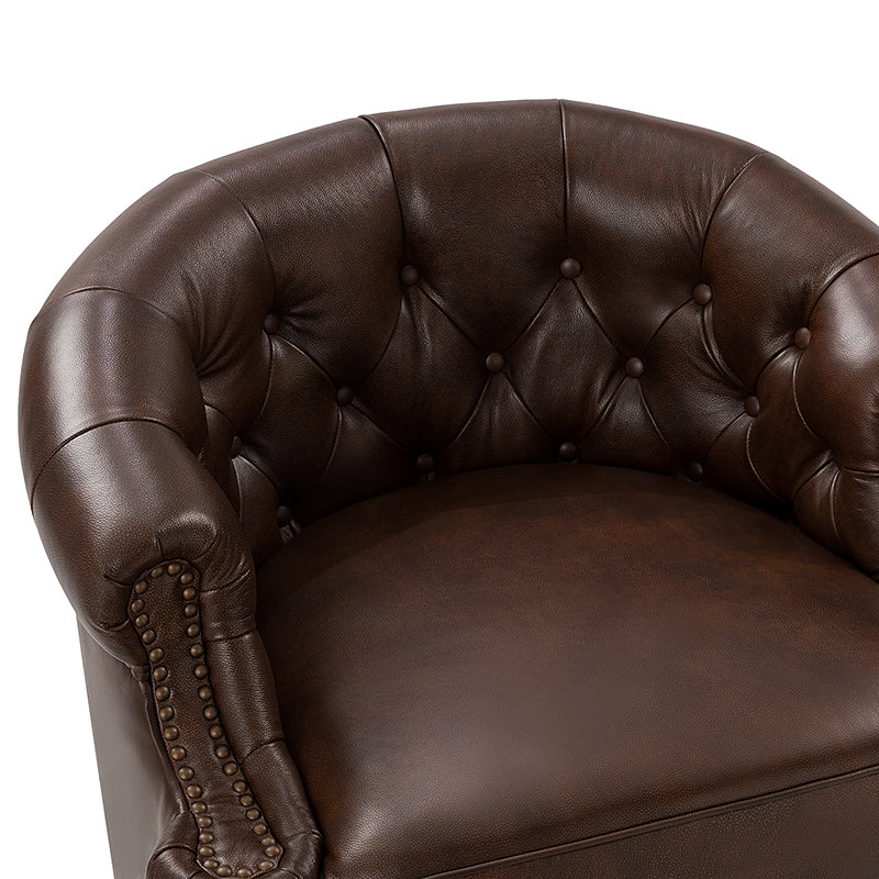 Fauteuil pivotant capitonné en cuir véritable avec accoudoirs roulés, garniture cloutée et pieds noirs | Chocolat / Caramel / Marron / Turquoise | Monoplace